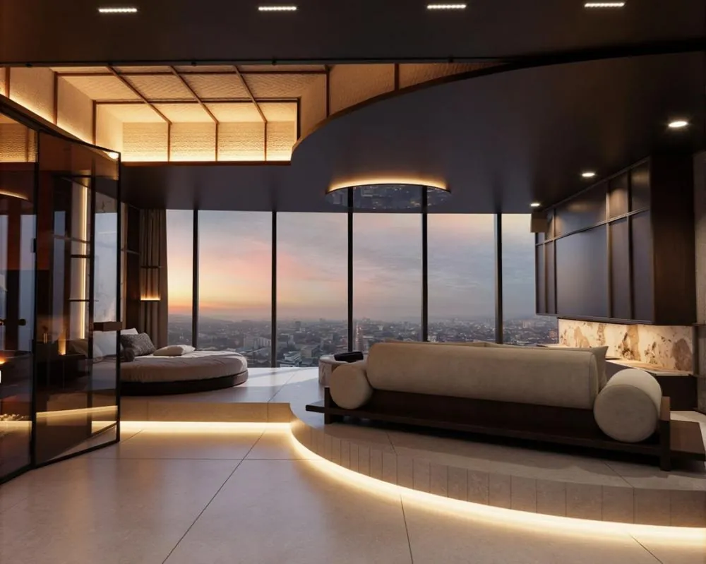 Sypialnia apartamentu In The Sky z panoramą Wrocławia o zachodzie słońca